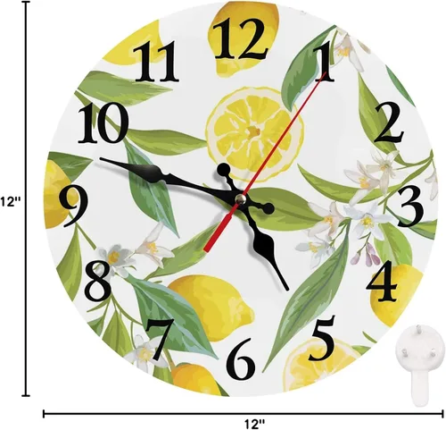Miniatura 7 de Britimes Reloj de pared redondo silencioso sin tictac, funciona con pilas, 10 pulgadas, decoración del hogar de limón de verano para sala de estar