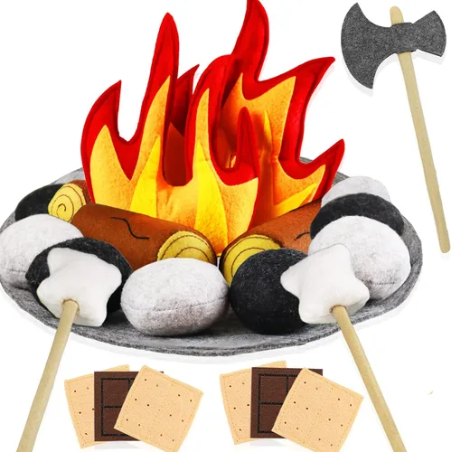 23 piezas de juguetes de fogata de simulación, juego de fogata de felpa y fieltro para niños, juguetes seguros de fuego falso, madera y piedras,