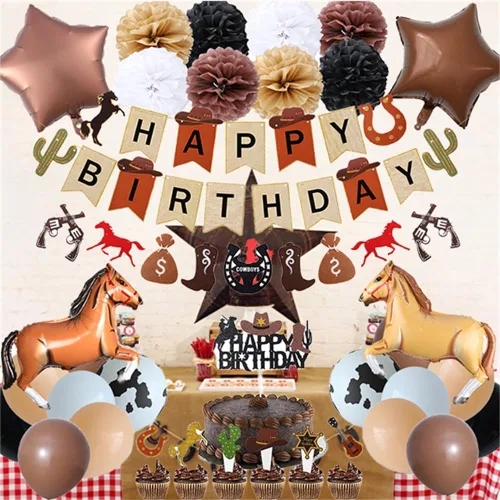 Miniatura 7 de Decoraciones de fiesta de cumpleaños de vaquero occidental, suministros de fiesta temática retro de caballo rodeo vaquero para niños, incluye