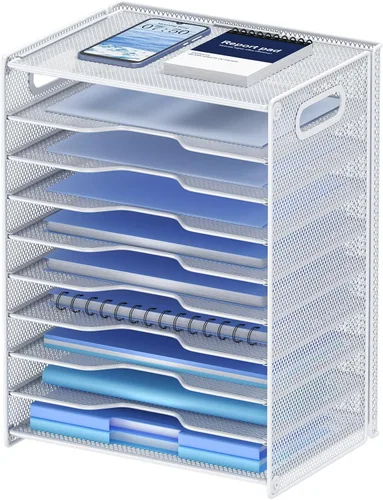 Miniatura 9 de OUTWOLF Organizador de papel de 10 niveles, bandeja de cartas, organizador de archivos de escritorio de malla con asas para escritorio de oficina