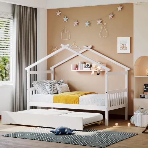 Miniatura 23 de JIVOIT Cama de plataforma de madera con dos cajones, cama de casa tamaño individual con diseño de techo, patas de pino macizo, cabecera y estribo
