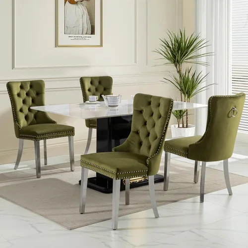 Miniatura 38 de SoarFlash Juego de 2 sillas de comedor de tela de lino, sillas de comedor tapizadas con ribete de cabeza de clavo y patas de madera de color claro