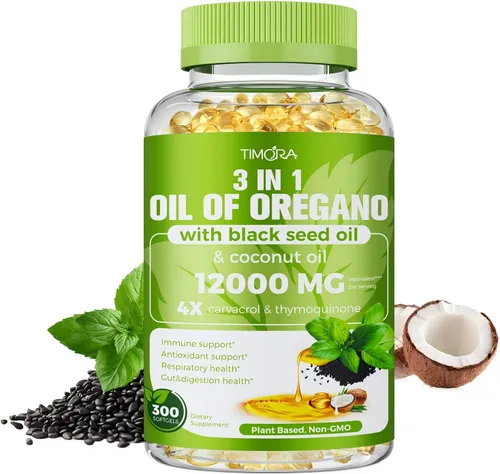 Miniatura 7 de TIMORA Cápsulas blandas de aceite de orégano 40:1 con semillas negras y aceite de coco, 60 unidades Fórmula 3 en 1 para apoyo digestivo e