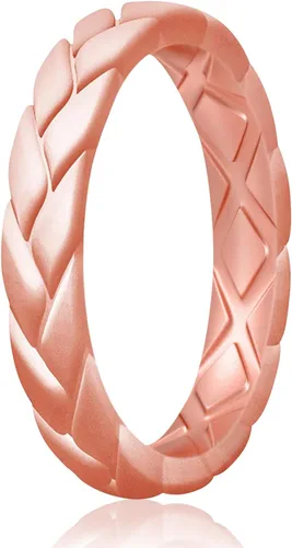 Miniatura 29 de Egnaro Anillos de boda de silicona para ella, conjuntos de novia de goma para mujer, bandas finas, diseño trenzado de hojas apilables con ranuras