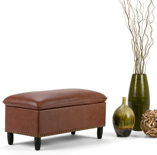 Miniatura 3 de SIMPLIHOME Emily - Otomana rectangular de almacenamiento rectangular de transición de 39 pulgadas de ancho en piel sintética vegana coñac