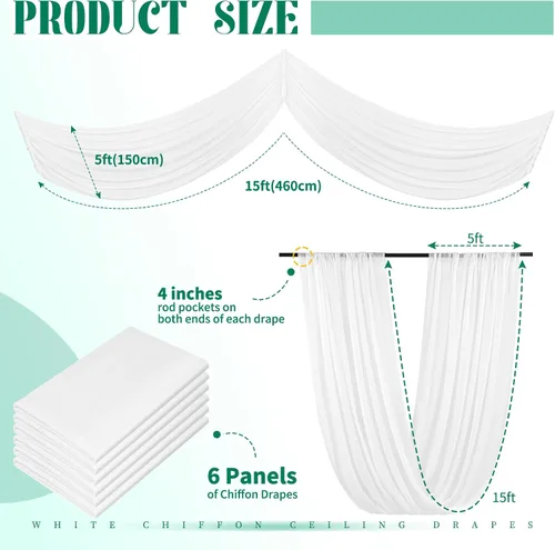 Miniatura 2 de Showgeous 6 paneles de cortinas de techo blancas para boda de 5 pies x 15 pies, tela para cubrir arco, cortinas transparentes, cortinas de gasa