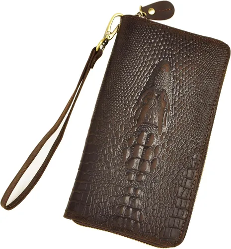 Le'aokuu Unisex calidad cuero genuino cadena embrague mano bolso organizador monedero chequera cremallera cartera 1016, Cocodrilo marrón