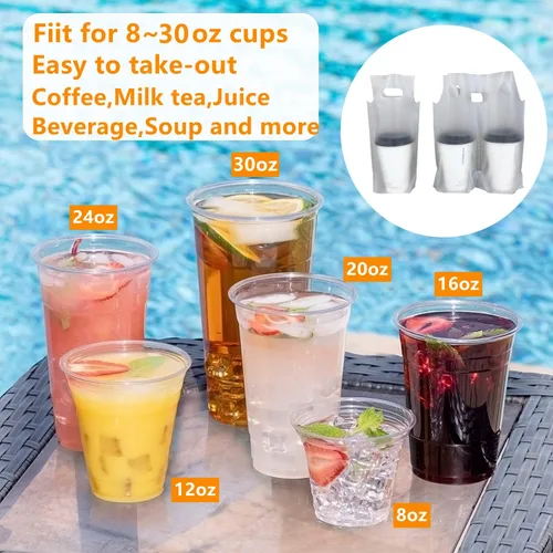 Miniatura 7 de Elyfree 200 unidades de transportador de bebidas para entrega, transportador de plástico transparente con asa para café/té/jugo, bolsas portátiles