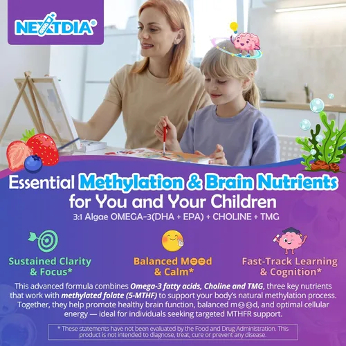 Miniatura 5 de L-metilfolato de 1000 mcg + gomitas de metilo B12 para niños y adultos – Activo 5-MTHF, con Omega-3 DHA y EPA (3:1), colina y TMG, B6, apoya el gen
