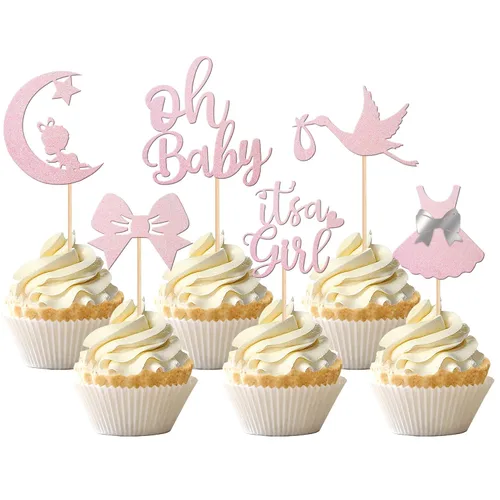 24 piezas de adornos para cupcakes con lazo con purpurina, vestido de luna Oh Baby para revelación de género, baby shower, fiesta de cumpleaños,
