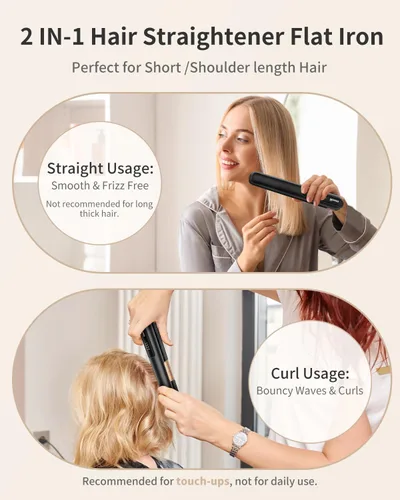 Miniatura 2 de Plancha de pelo inalámbrica, mini plancha plana portátil de viaje para flequillo, pelo corto, rizador recargable y rizador 2 en 1, negro