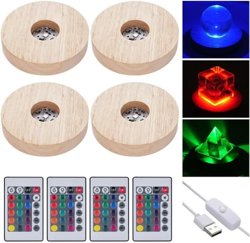 Homaisson Soporte de luz de madera, 4 bases de pantalla LED coloridas con control, 16 colores redondos iluminados, centros de mesa para arte de