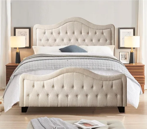 Miniatura 10 de Rosevera Turin Linen - Cama tapizada con paneles con cabecero ajustable con botones para dormitorio, tamaño Queen, carbono
