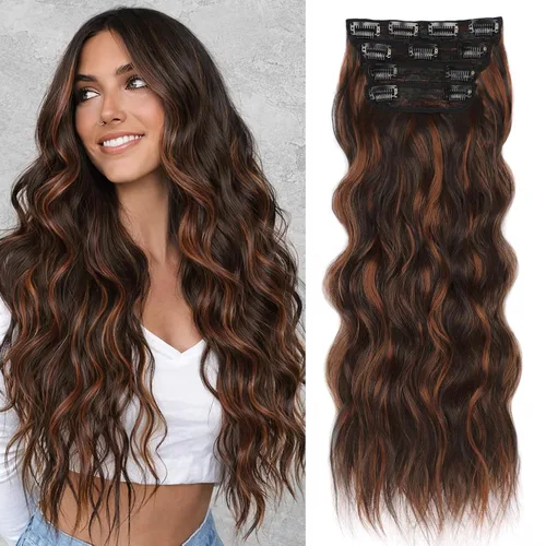 Miniatura 40 de ALXNAN Extensiones de cabello sintético largo y ondulado con clip, de 16 pulgadas, color negro natural, 4 piezas gruesas, fibra de doble trama