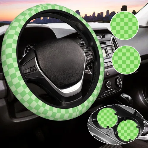Miniatura 15 de Funda de volante a cuadros para mujeres, funda universal para volante de automóvil de 14-15 pulgadas, accesorios interiores para automóvil, con 2