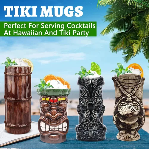 Miniatura 3 de LINALL Tiki Mugs - Juego de 8 tazas de cóctel de cerámica hawaiana Luau para fiesta, vasos de cóctel exóticos, Tiki Bar profesional hawaiano