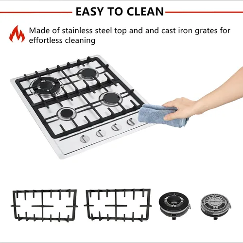Miniatura 5 de Estufa de gas de 4 quemadores, estufa de gas de 23 pulgadas, de acero inoxidable, cocina de gas incorporada, cocina de gas natural plateada