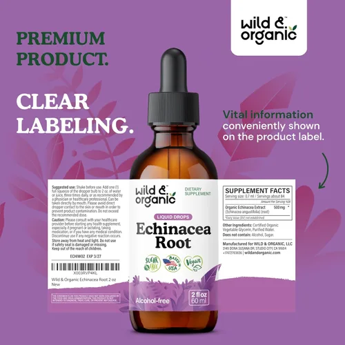 Miniatura 9 de Wild & Organic Tintura de equinácea - Suplementos de drenaje inmune y linfático - Gotas líquidas de hierbas de equinácea - Agregar al té - Extracto