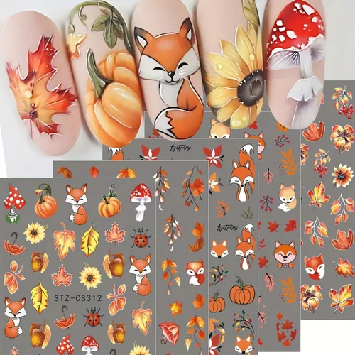 Miniatura 27 de 8 hojas de calcomanías de uñas de Halloween con diseños de fantasmas lindos, calabaza, araña, telaraña, sangre, llama 3D, autoadhesivas, Otoño