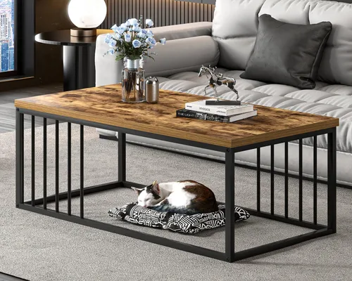 Miniatura 3 de FOLUBAN Mesa de café, moderna mesa de sala de estar de madera y metal, mesa de té rectangular industrial, marrón rústico, 43.3 pulgadas