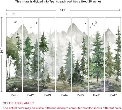 Miniatura 5 de MFWFM Papel Tapiz Forestal Acuarela Verde Mural de Bosque para Habitación de Bebé (No Despegar y Pegar)