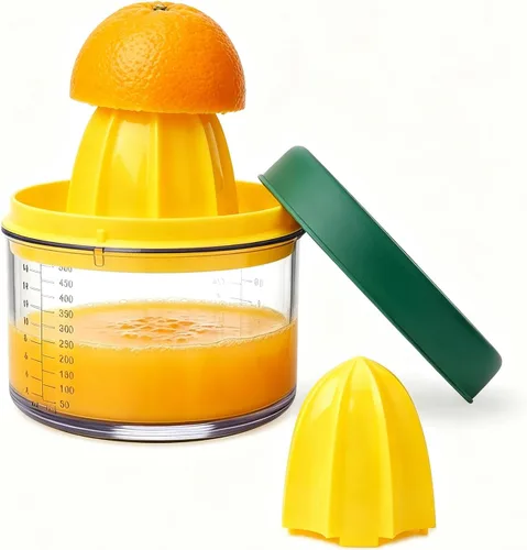 KITCHENDAO Exprimidor de cítricos de naranja limón 2 en 1 con tapa para almacenamiento sanitario, exprimidor manual con taza medidora integrada de