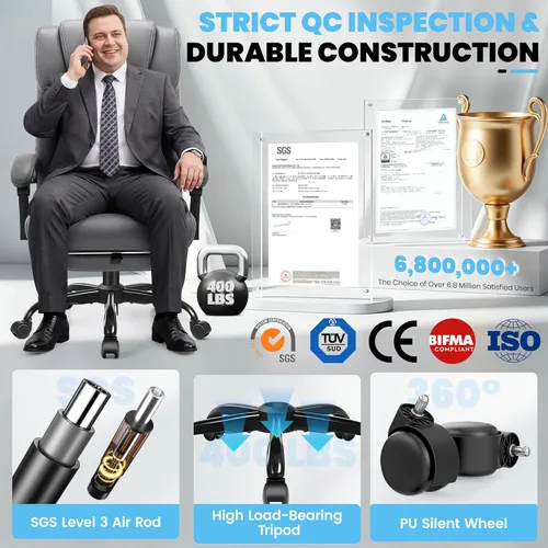 Miniatura 4 de Silla de oficina de masaje y calor con reposapiés, silla ejecutiva ergonómica reclinable de 90-160° para personas grandes y altas, 400 libras, Negro