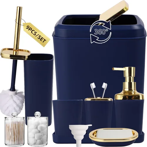Miniatura 15 de XLHOMO - Juego de baño beige de plástico de 9 piezas, con basurero, dispensador de jabón, portacepillos de dientes, vaso, jabonera, cepillo