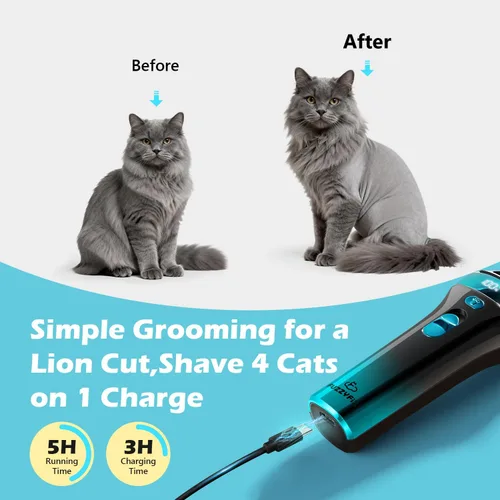 Miniatura 6 de Cortapelos para gatos con hoja 5 en 1, kit de aseo para gatos, recortadora de pelo recargable inalámbrica, cuchilla de acero inoxidable desmontable