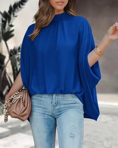 Miniatura 10 de BTFBM Blusas de verano para mujer, cuello alto falso, manga murciélago, holgadas, dobladillo alto y bajo, blusas informales de gran
