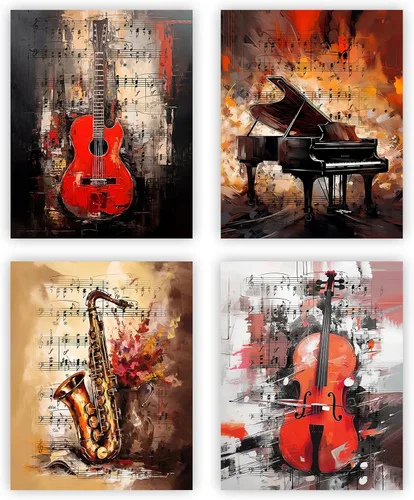 NIIORE Lienzo decorativo para pared con temática de música vintage, guitarra, piano, saxofón, violín para decoración del hogar del dormitorio, juego