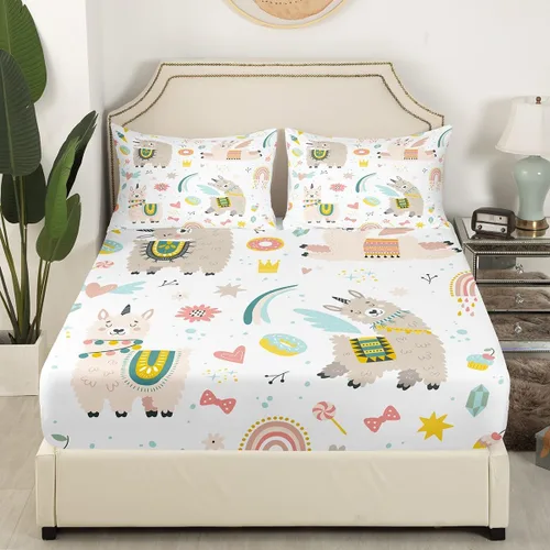 Miniatura 3 de Feelyou Juego de sábanas bajeras de alpaca para niños, lindo juego de ropa de cama con diseño de llama y donas de dibujos animados, juego de sábanas