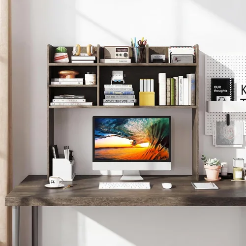 Miniatura 15 de LDAILY Desktop Bookshelf, 2-Tier Office Desk Shelf Organizer Desk Hutch with 4 Shelves, 37’’L Wood Storage Rack Display Shelf for Computer Desk