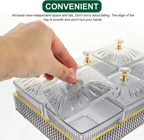 Miniatura 3 de Ipetboom Bandeja de frutas secas con tapa, 6 compartimentos para servir nueces y dulces, bandeja de aperitivos, caja de almacenamiento de alimentos