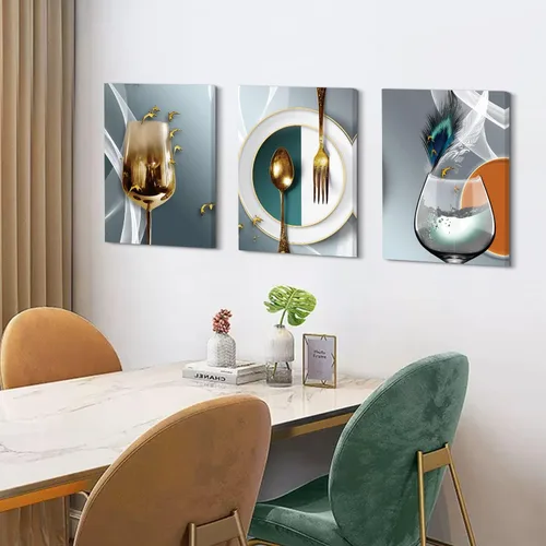 Miniatura 5 de AIYISU 3 piezas de arte de pared de cocina con copas de vino para decoración de pared del comedor Cuadros de copas de vino en teja, gris y oro