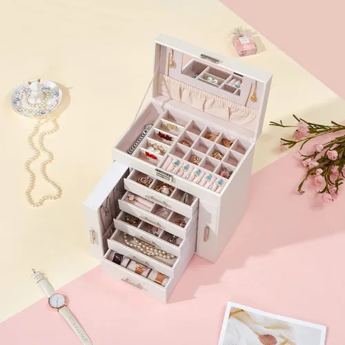 Miniatura 8 de ANWBROAD Caja organizadora de joyas Caja de joyería para mujer con cerradura de 6 niveles Caja de almacenamiento de joyería blanca para aretes