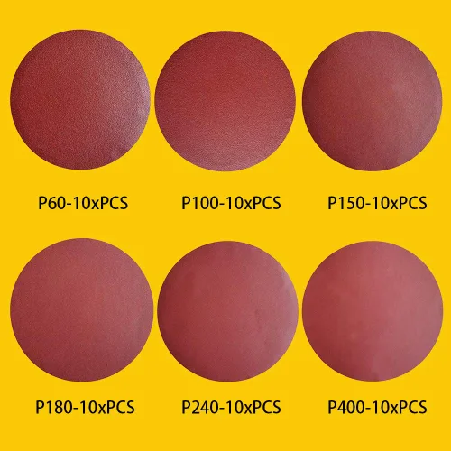 Miniatura 2 de 60 PCS discos de lijado de óxido de aluminio PSA de 5 pulgadas sin agujero, autoadhesivo (10 de cada uno de 60 100 150 180 240 400 grano) marrón
