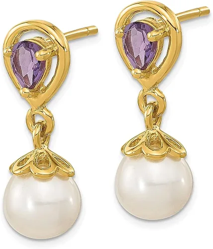 Miniatura 2 de Aretes colgantes de oro amarillo de 14 quilates de 0.276in, color blanco, perla cultivada en agua dulce, color morado, amatista, piedra natal