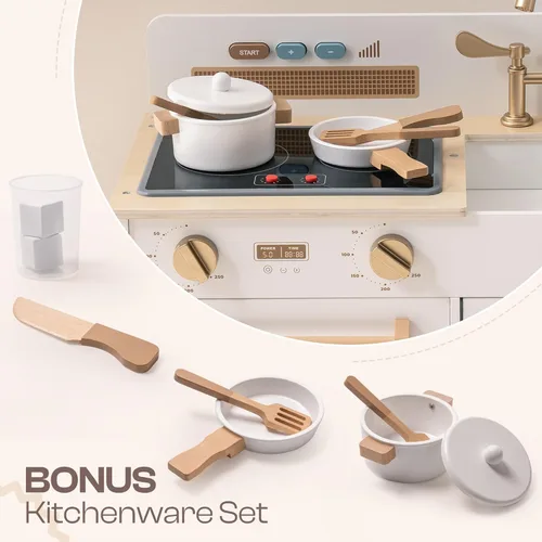 Miniatura 7 de ROBOTIME Juego de cocina para niños pequeños, juego de cocina de madera para niños con luces reales y sonidos/dispensador de cubitos de hielo, Blanco