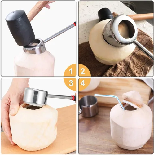 Miniatura 3 de Herramientas de abridor de coco con martillo, herramienta de coco joven súper segura y fácil de abrir, juego de abridor de coco de acero inoxidable