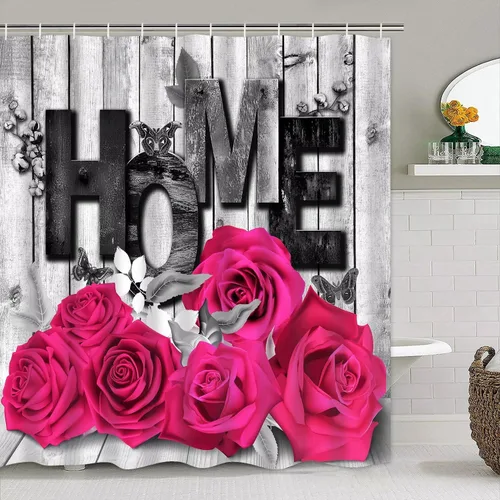 Miniatura 2 de Yddsky Juego de 4 cortinas de ducha con diseño de rosas rosadas para San Valentín, alfombras antideslizantes, tapete en forma de U, decoración