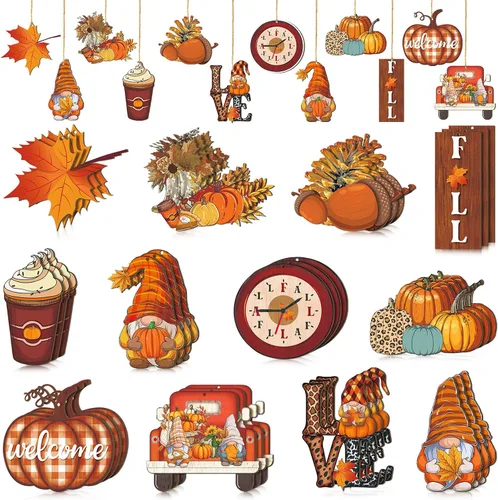 Miniatura 8 de FairySandy 36 piezas de decoración y adornos de árbol de otoño, gnomos de Acción de Gracias, adornos colgantes de madera, calabazas, hojas, flores