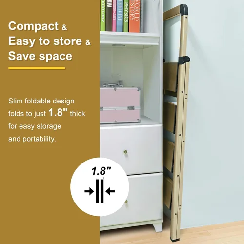 Miniatura 5 de Escalera plegable de 3 peldaños con acabado dorado champán, trípode antideslizante, máximo 330 libras