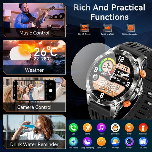 Miniatura 8 de Reloj inteligente militar para hombre (llamada/respuesta de llamada) con linterna LED, pantalla grande HD de 1.7 pulgadas con batería de 530 mAh