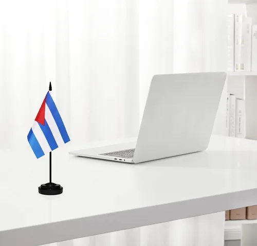 Miniatura 5 de Juego de banderas de escritorio de Cuba, paquete de 2 banderas cubanas de mesa para oficina, mini bandera de escritorio pequeña con poste negro