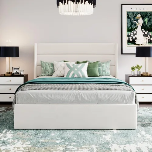 Miniatura 3 de SHA CERLIN Cama de Almacenamiento Elevable Tamaño Completo/Tapizada en Terciopelo/Cabecera Moderna Tipo Wingback/Marco de Cama Plataforma Blanco