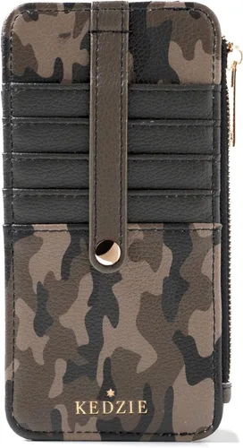KEDZIE Essentials Only - Cartera con cremallera para mujer, de piel vegana, pequeña tarjetero con ventana exterior para identificación, Glamoflauge,