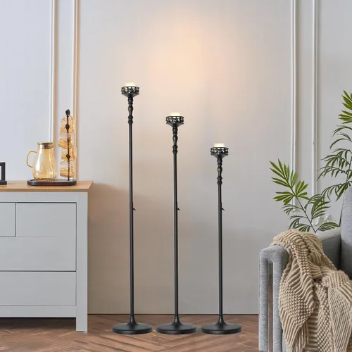 Portavelas de piso para mesas, 3 portavelas negro para velas de pilar, juego de velas de metal mate para bodas, fiestas, hogar, candelabros para