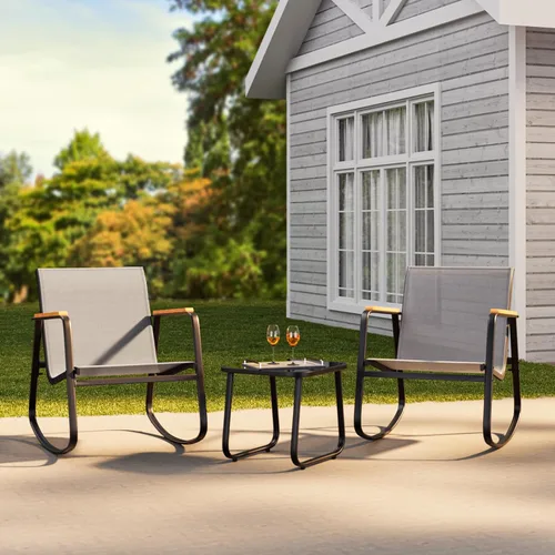 Miniatura 8 de Ahomly - Juego de 3 piezas de muebles de patio, juego de muebles de exterior de Textilene con reposabrazos de madera, mesa de café con superficie