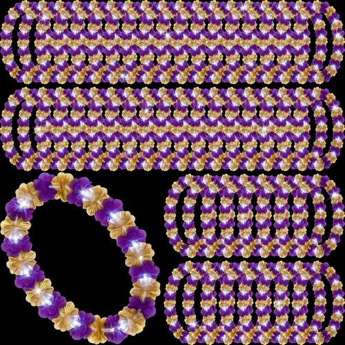 Miniatura 30 de Sherr 24 piezas de collares de flores de leis hawaianas con luces LED para boda, luces LED para leis hawaianas, collares de flores de leis hawaianas